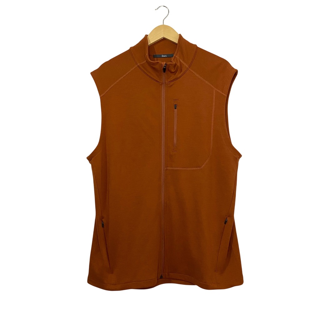 Ibex Mens XL 100% Merino Wool Full Zip Vest Rust Orange Outdoor Layering Pockets